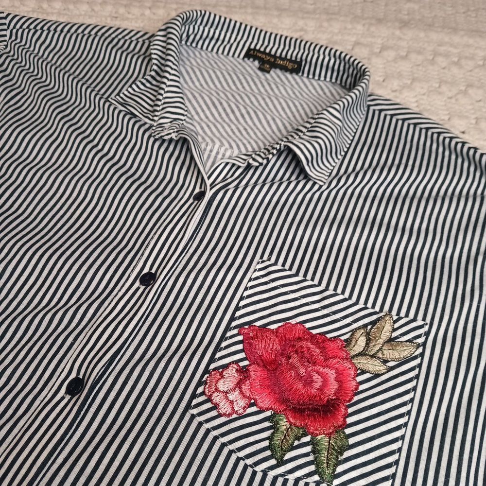 Always Indigo Blouse Womens 3X Striped Rose Embroidered Button Shirt Stretch‎